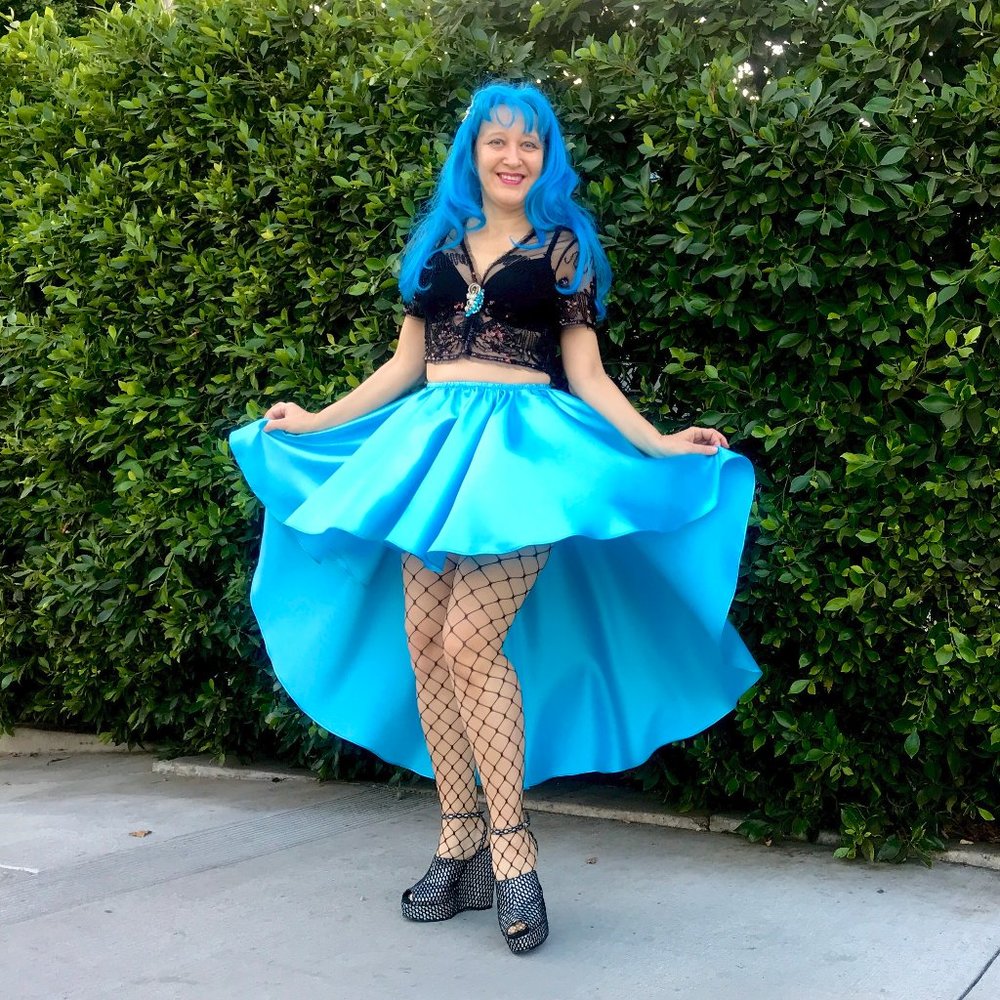 Ameynra high low skirt. Turquoise Light-Blue satin